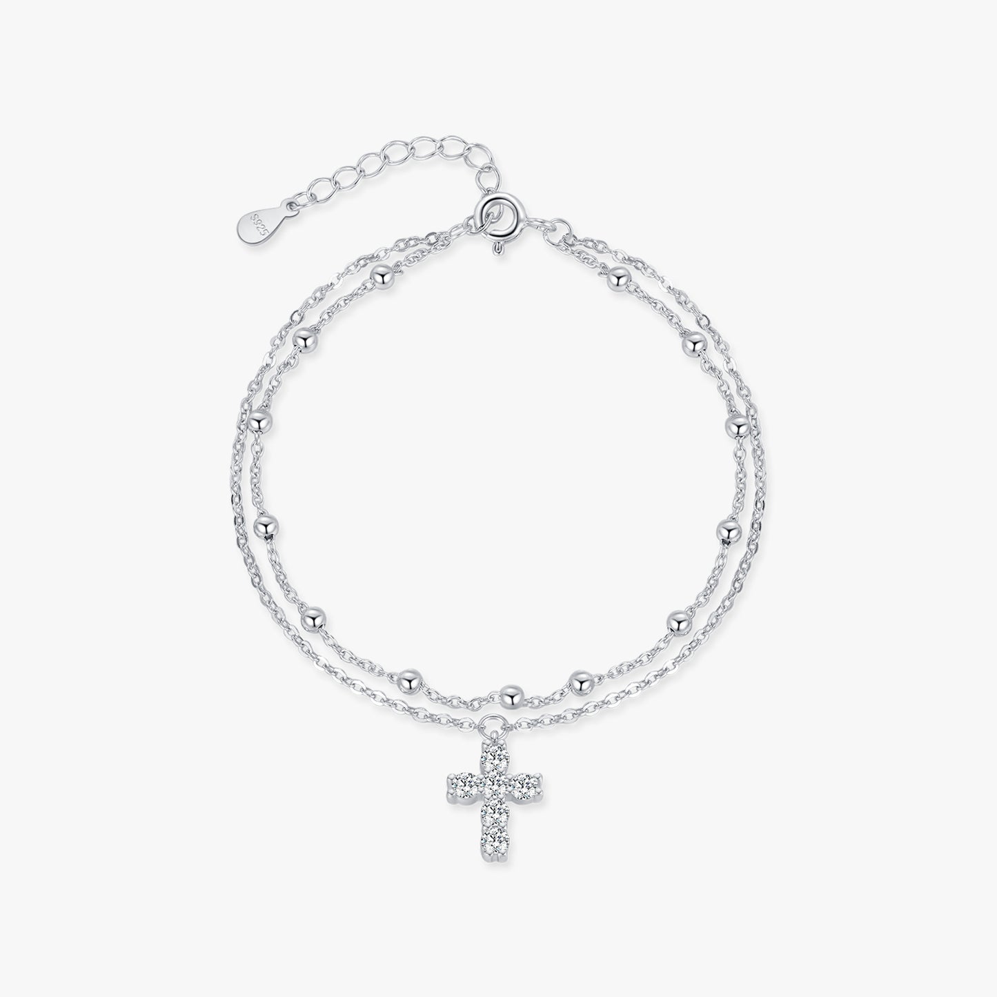 HESHPAWS S925 Sterling Silver Double layered Cross bracelet for Women ,Adjustable Cross Faith Bracelet Stylish and Simple Diamond Studded Religious Cross Jewelry , with Gift Box