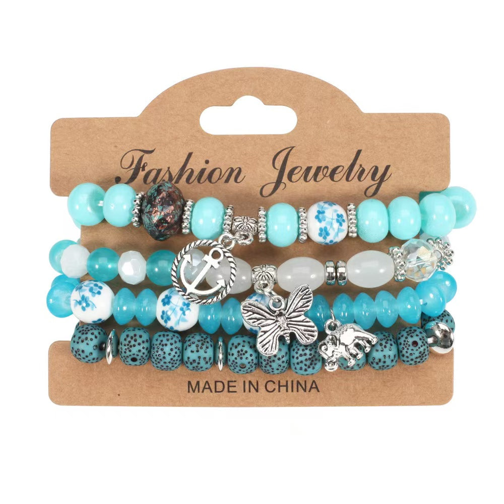 HESHPAWS 4 PCS Bohemian Stretch Anchor Bracelets Elephant Butterfly Retro Bracelets Suitable for Girls Women Gifts