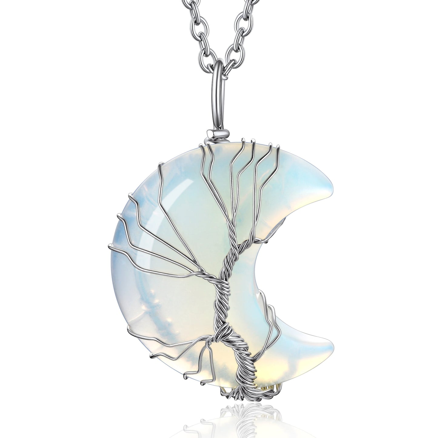 Tree of Life Necklace Wire Wrapped Crescent Moon Stone Pendant Necklaces 7 Chakra Healing Crystal Necklace Natural Resin Reiki Spiritual Quartz Gemstone Jewelry for Women Men gift