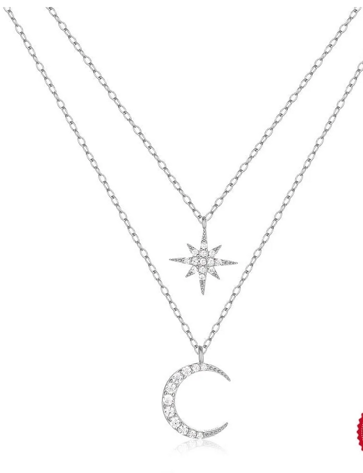 HESHPAWS 925 Sterling Silver Double Layered Necklace of Stars and Moon, for Women Jewelry Gifts with Gift Box