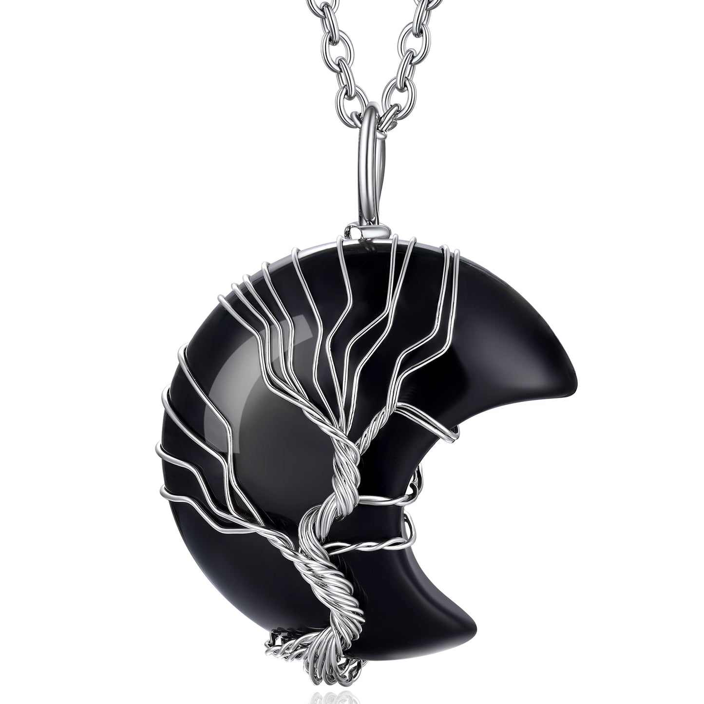 Tree of Life Necklace Wire Wrapped Crescent Moon Stone Pendant Necklaces 7 Chakra Healing Crystal Necklace Natural Resin Reiki Spiritual Quartz Gemstone Jewelry for Women Men gift