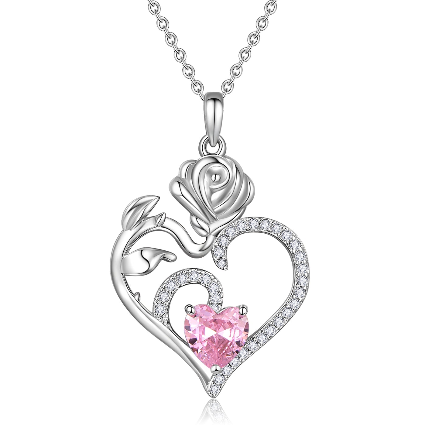 HESHPAWS 925 Sterling Silver Birthstone Necklace Rose Flower Heart Pendant Jewelry , Love Pendant Necklaces for Women With Birthstone Zirconia Christmas Valentines Mother's Day Gifts for Women Mom