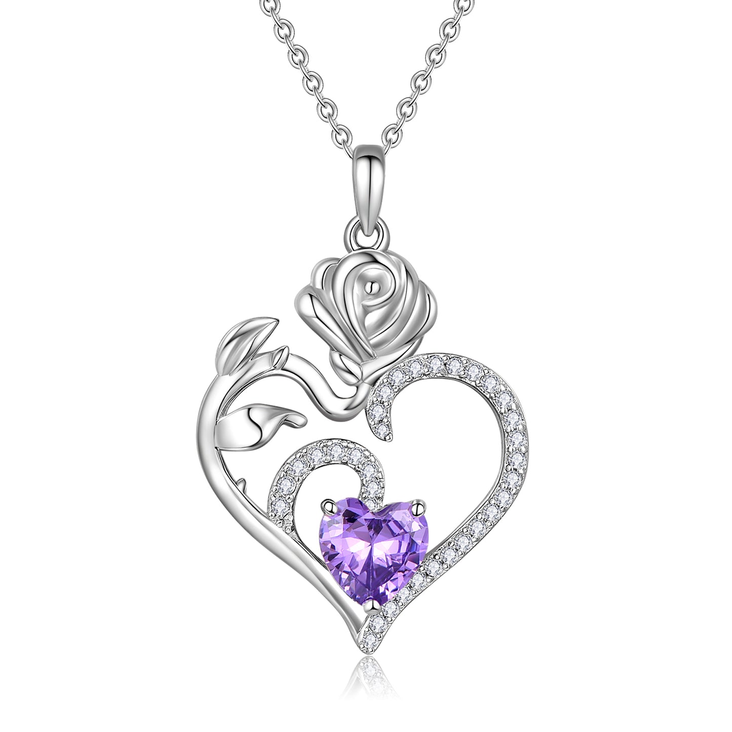 HESHPAWS 925 Sterling Silver Birthstone Necklace Rose Flower Heart Pendant Jewelry , Love Pendant Necklaces for Women With Birthstone Zirconia Christmas Valentines Mother's Day Gifts for Women Mom