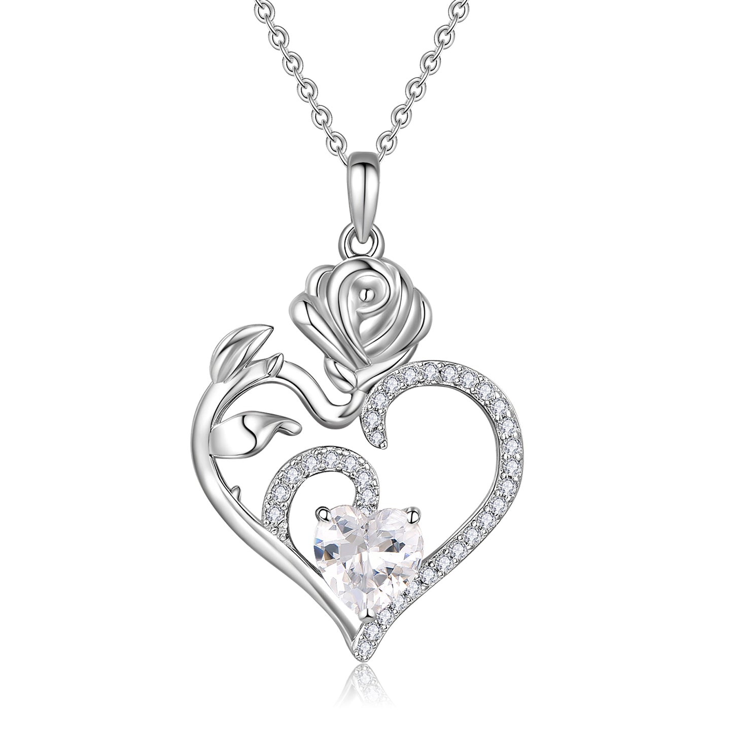 HESHPAWS 925 Sterling Silver Birthstone Necklace Rose Flower Heart Pendant Jewelry , Love Pendant Necklaces for Women With Birthstone Zirconia Christmas Valentines Mother's Day Gifts for Women Mom