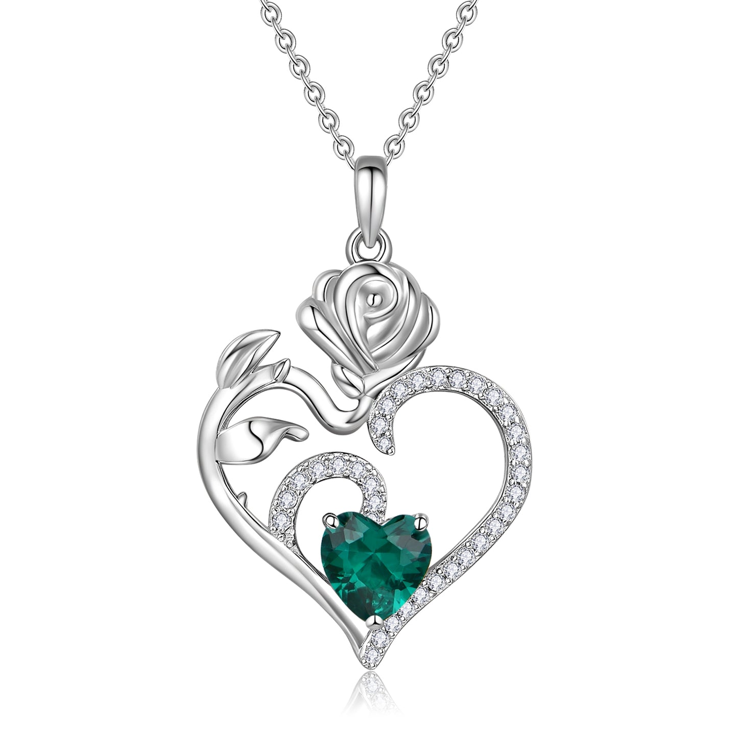 HESHPAWS 925 Sterling Silver Birthstone Necklace Rose Flower Heart Pendant Jewelry , Love Pendant Necklaces for Women With Birthstone Zirconia Christmas Valentines Mother's Day Gifts for Women Mom