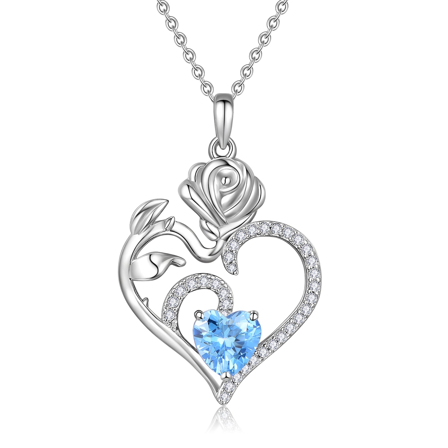 HESHPAWS 925 Sterling Silver Birthstone Necklace Rose Flower Heart Pendant Jewelry , Love Pendant Necklaces for Women With Birthstone Zirconia Christmas Valentines Mother's Day Gifts for Women Mom