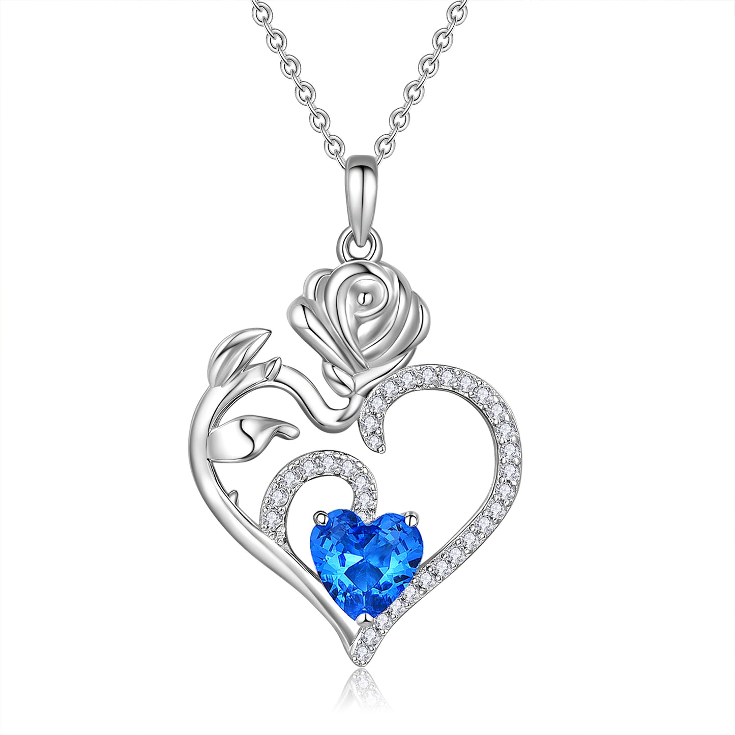 HESHPAWS 925 Sterling Silver Birthstone Necklace Rose Flower Heart Pendant Jewelry , Love Pendant Necklaces for Women With Birthstone Zirconia Christmas Valentines Mother's Day Gifts for Women Mom
