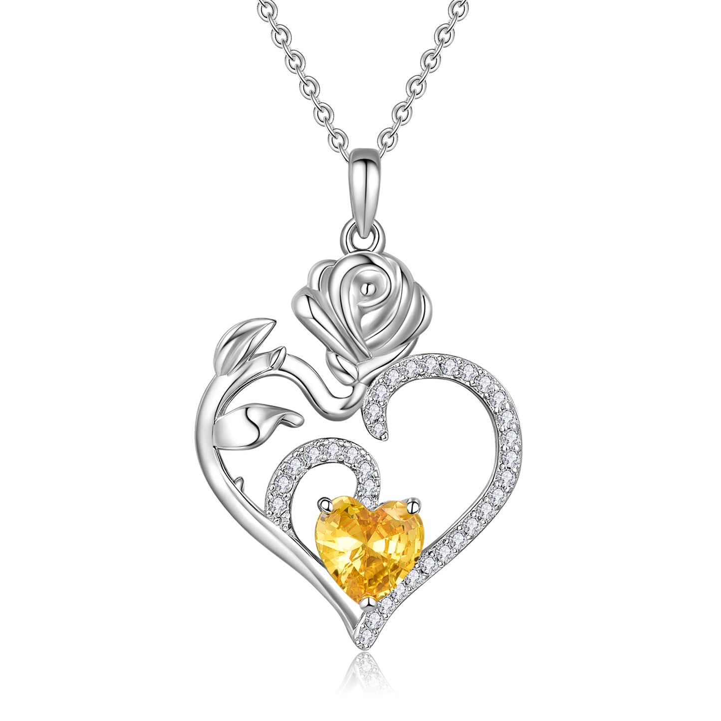HESHPAWS 925 Sterling Silver Birthstone Necklace Rose Flower Heart Pendant Jewelry , Love Pendant Necklaces for Women With Birthstone Zirconia Christmas Valentines Mother's Day Gifts for Women Mom