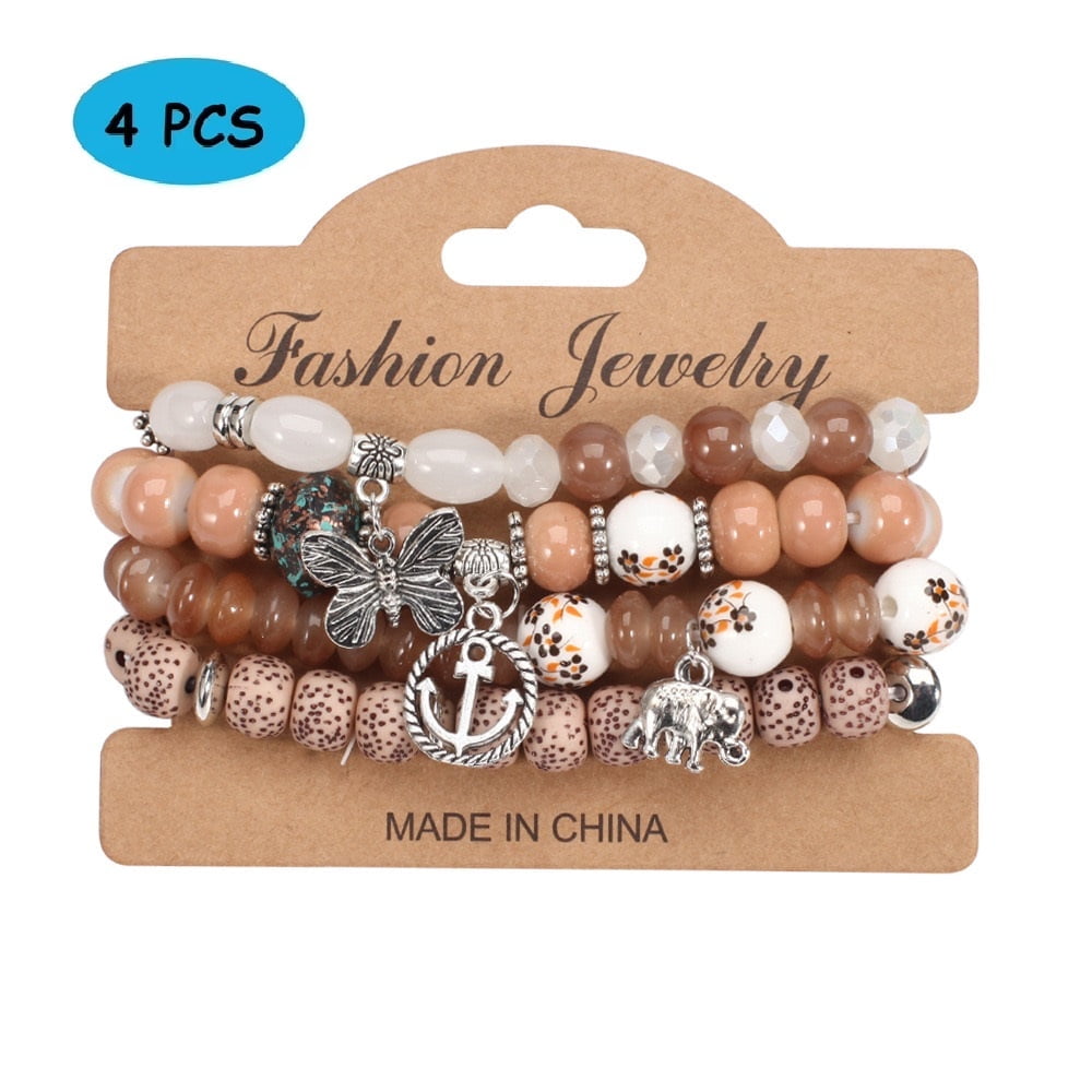 HESHPAWS 4 PCS Bohemian Stretch Anchor Bracelets Elephant Butterfly Retro Bracelets Suitable for Girls Women Gifts