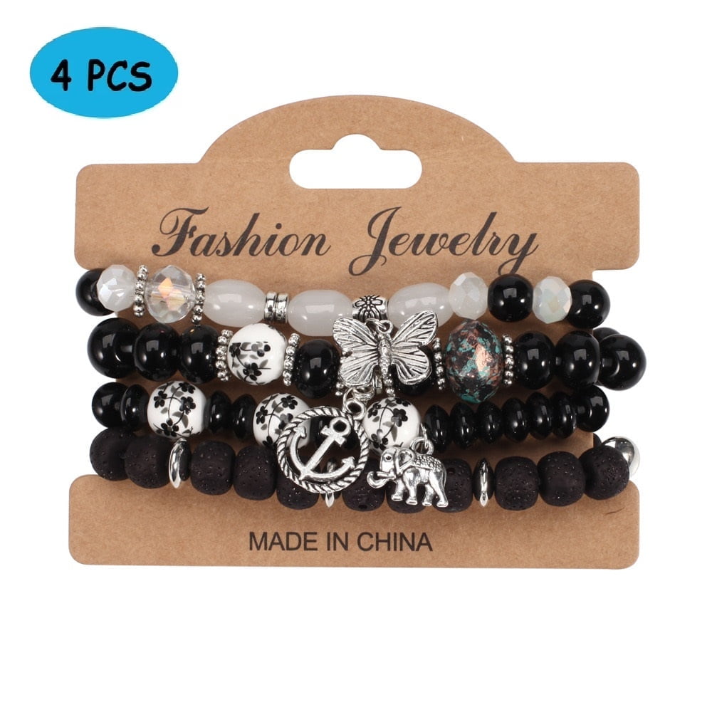 HESHPAWS 4 PCS Bohemian Stretch Anchor Bracelets Elephant Butterfly Retro Bracelets Suitable for Girls Women Gifts
