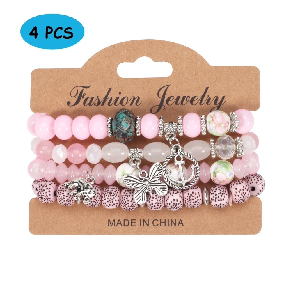 HESHPAWS 4 PCS Bohemian Stretch Anchor Bracelets Elephant Butterfly Retro Bracelets Suitable for Girls Women Gifts
