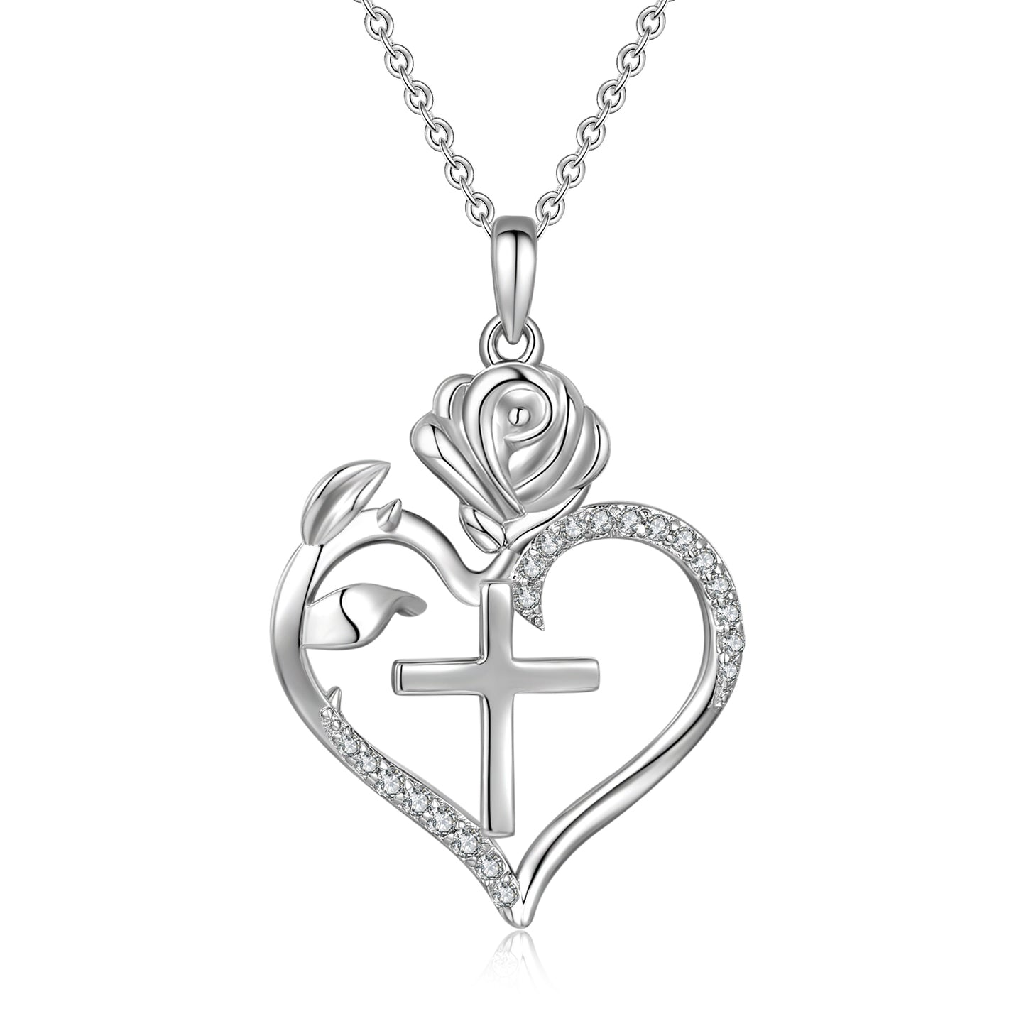 HESHPAWS S925 Sterling Silver Cross Necklace rose Heart Necklaces for Women Cross Chain Jewelry Gifts (with Gift Box)