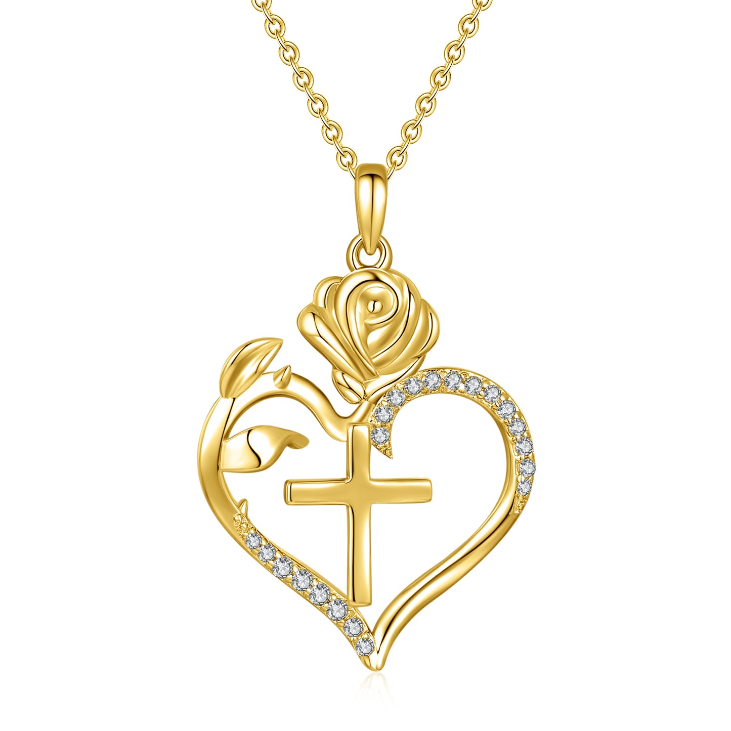 HESHPAWS S925 Sterling Silver Cross Necklace rose Heart Necklaces for Women Cross Chain Jewelry Gifts (with Gift Box)