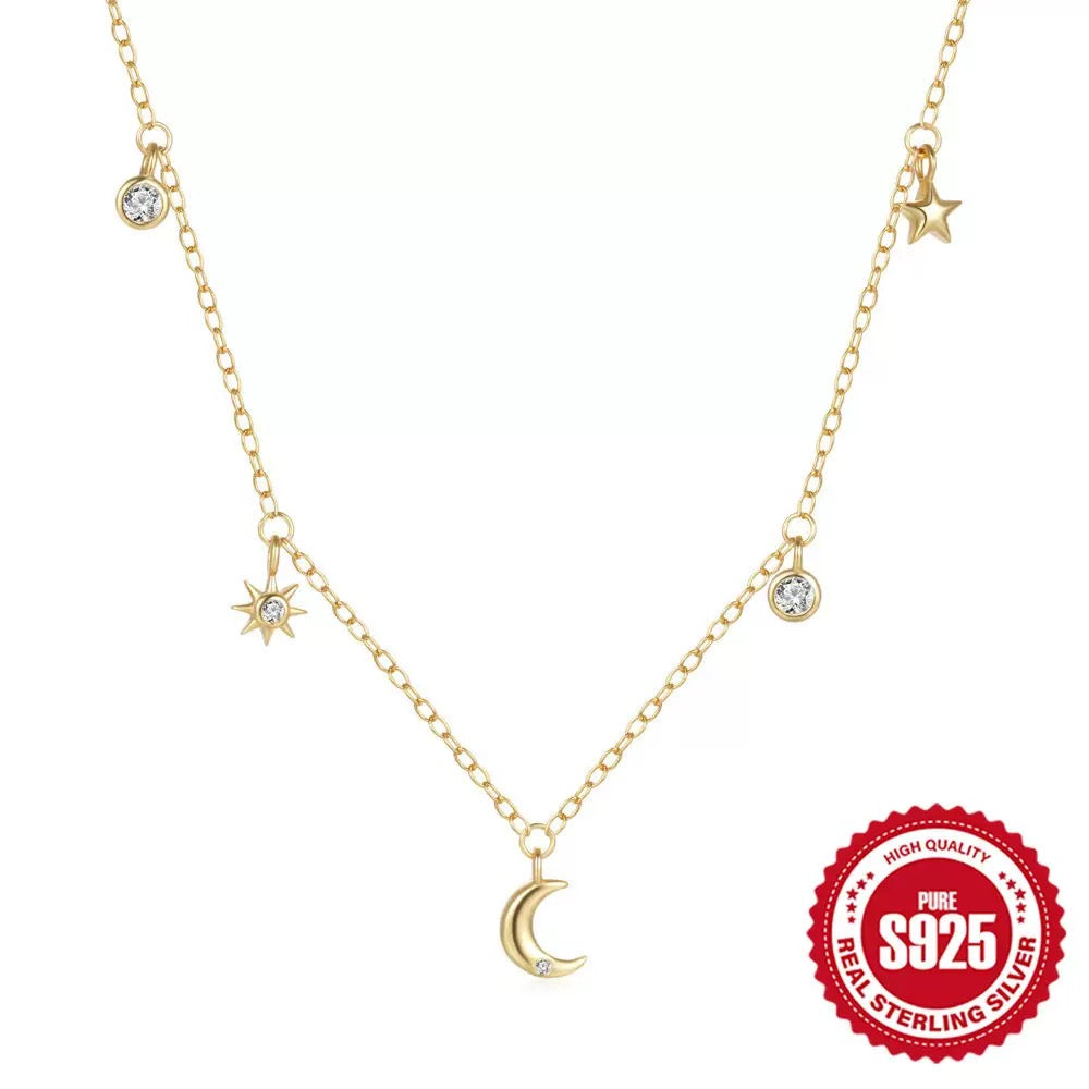 HESHPAWS Stars and Moon Clear, Cubic Zirconia Necklace, Sterling Silver, 18 Inches