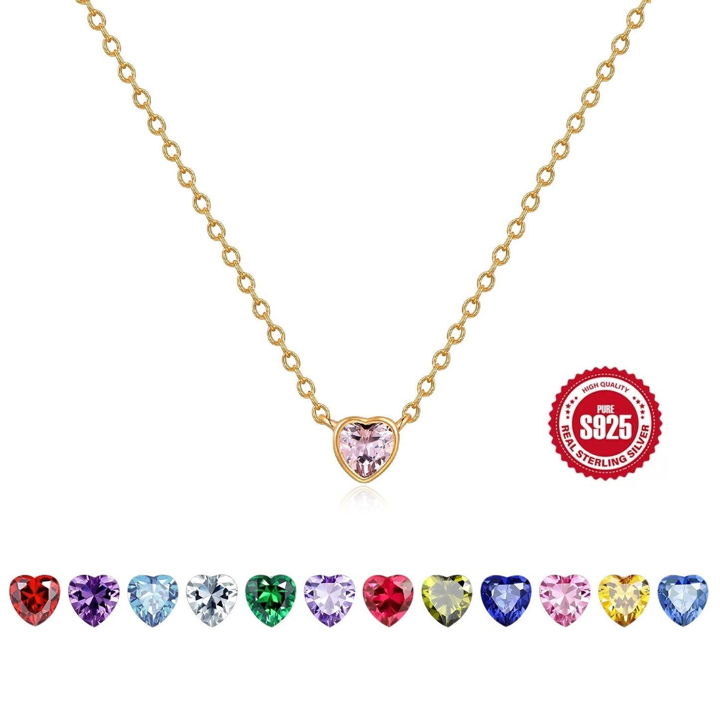 HESHPAWS S925 Sterling Silver Pink Diamond Necklace, Love Birthday Stone Birthday Anniversary Jewelry Gift, with Gift Box