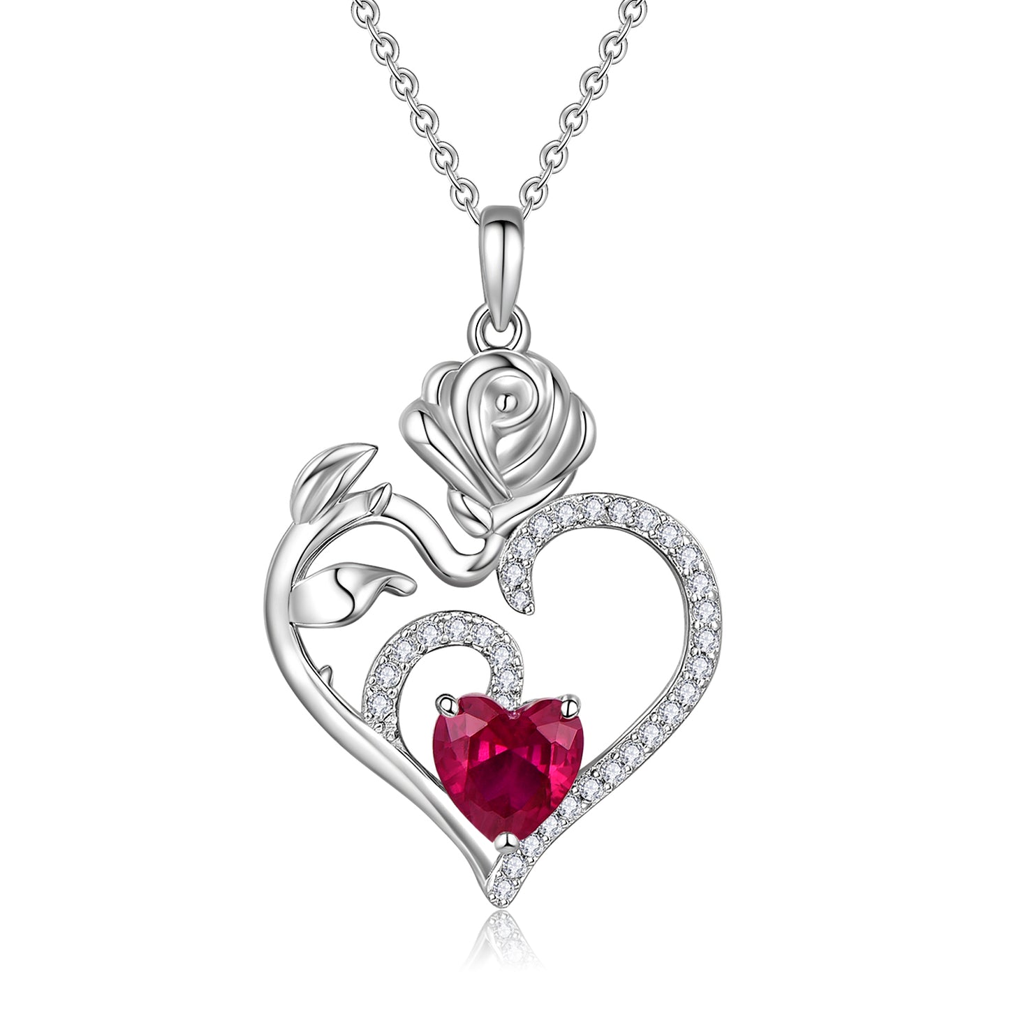 HESHPAWS 925 Sterling Silver Birthstone Necklace Rose Flower Heart Pendant Jewelry ， Love Pendant Necklaces for Women With Birthstone Zirconia Christmas Valentines Mother's Day Gifts for Women Mom