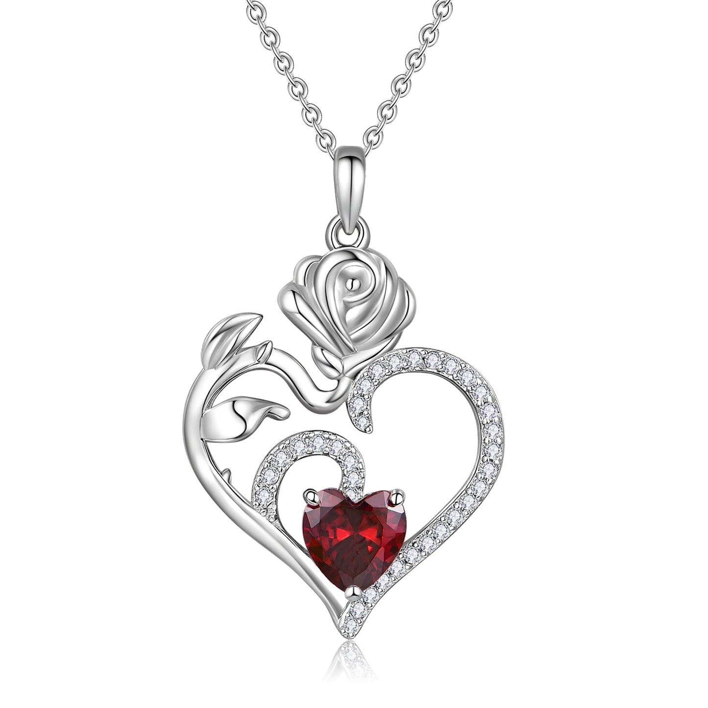 HESHPAWS 925 Sterling Silver Birthstone Necklace Rose Flower Heart Pendant Jewelry ， Love Pendant Necklaces for Women With Birthstone Zirconia Christmas Valentines Mother's Day Gifts for Women Mom