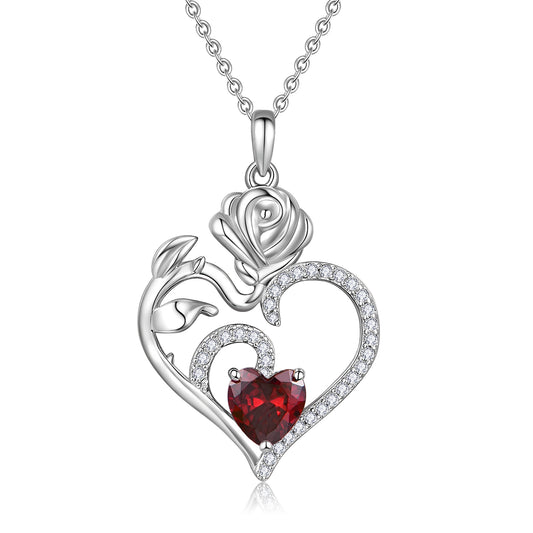 HESHPAWS 925 Sterling Silver Birthstone Necklace Rose Flower Heart Pendant Jewelry ， Love Pendant Necklaces for Women With Birthstone Zirconia Christmas Valentines Mother's Day Gifts for Women Mom