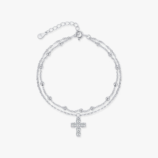 HESHPAWS S925 Sterling Silver Double layered Cross bracelet for Women ,Adjustable Cross Faith Bracelet Stylish and Simple Diamond Studded Religious Cross Jewelry ， with Gift Box