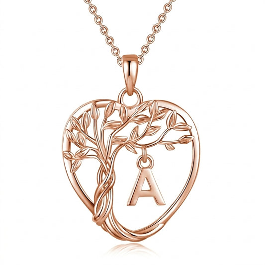 Heshpaws Heart Pendant Necklace Custom Initial Letter Tree Shaped Charm Pendant Jewelry for Women, Gift for Mom Daughter Wife