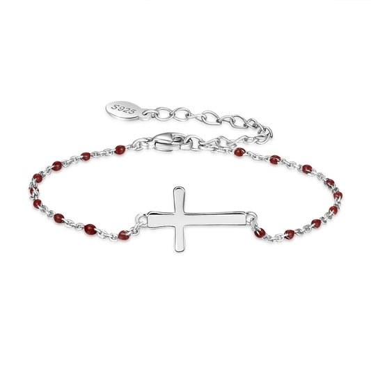 HESHPAWS S925 Sterling Silver Birthstone Cross Bracelet for Women ,Adjustable Religious Cross Bracelet Gift for Women （with Gift Box)
