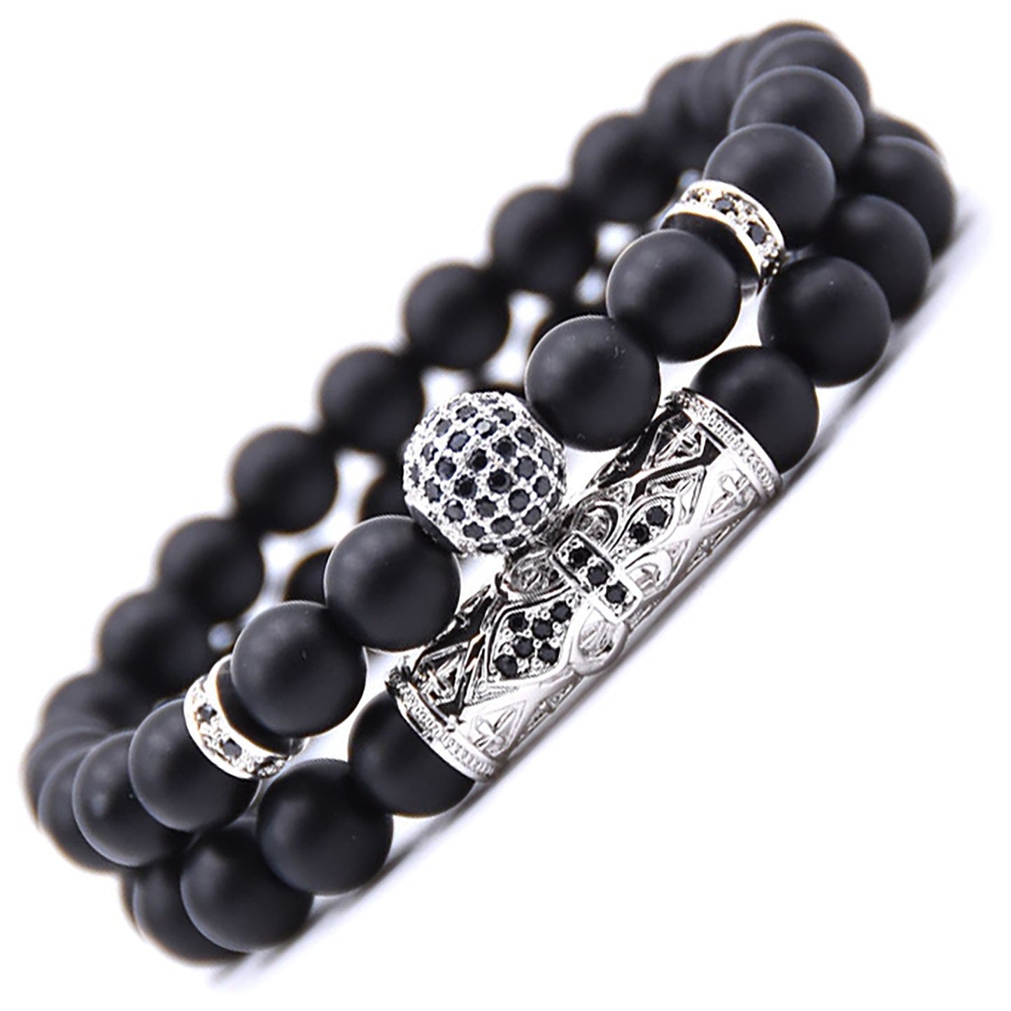 2 PCS 8mm Black Matte Beads Obsibian Black Onyx Stone Bracelets Sets Charm Football Elastic Natural Stone Yoga Bracelet for Women Men Jewelry