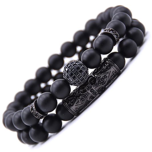 2 PCS 8mm Black Matte Beads Obsibian Black Onyx Stone Bracelets Sets Charm Football Elastic Natural Stone Yoga Bracelet for Women Men Jewelry