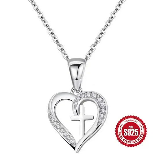 HESHPAWS S925 Sterling Silver Cross Necklace Heart Necklaces for Women Cross Chain Jewelry Gifts （with Gift Box)