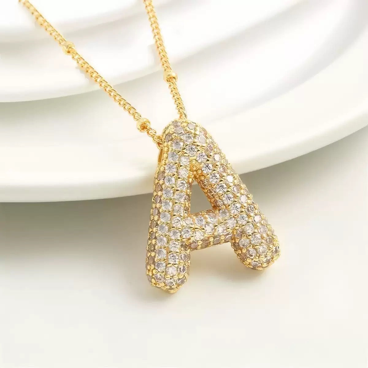 Lysro   A-Z Bubble Letter Necklace Gold Rhinestone Letter Pendant Chain Layering Necklaces