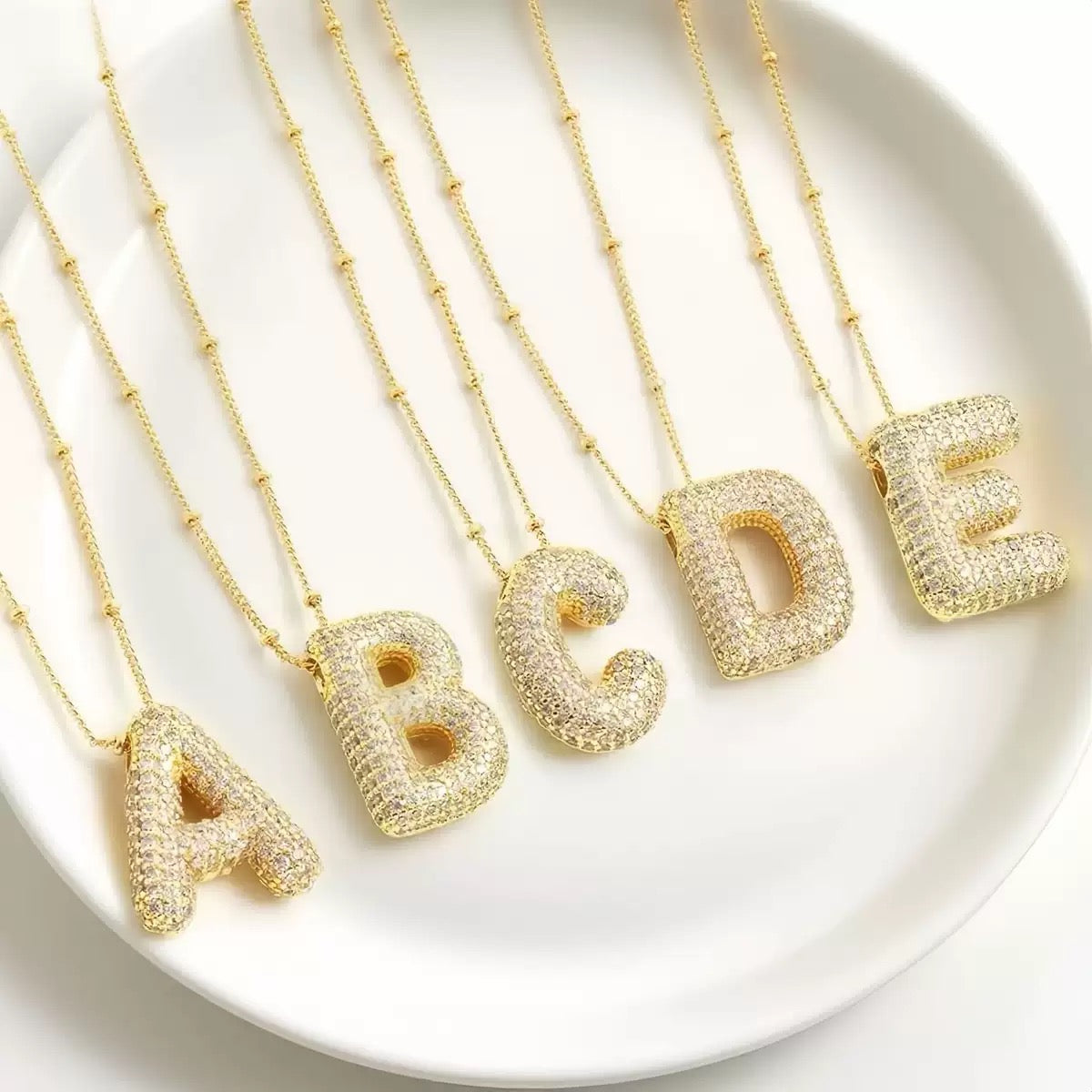 Lysro   A-Z Bubble Letter Necklace Gold Rhinestone Letter Pendant Chain Layering Necklaces