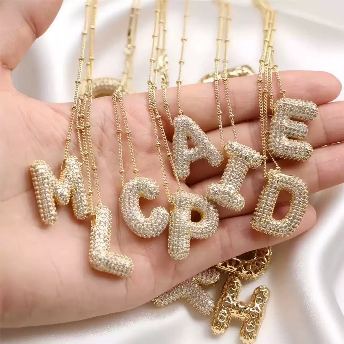 Lysro   A-Z Bubble Letter Necklace Gold Rhinestone Letter Pendant Chain Layering Necklaces