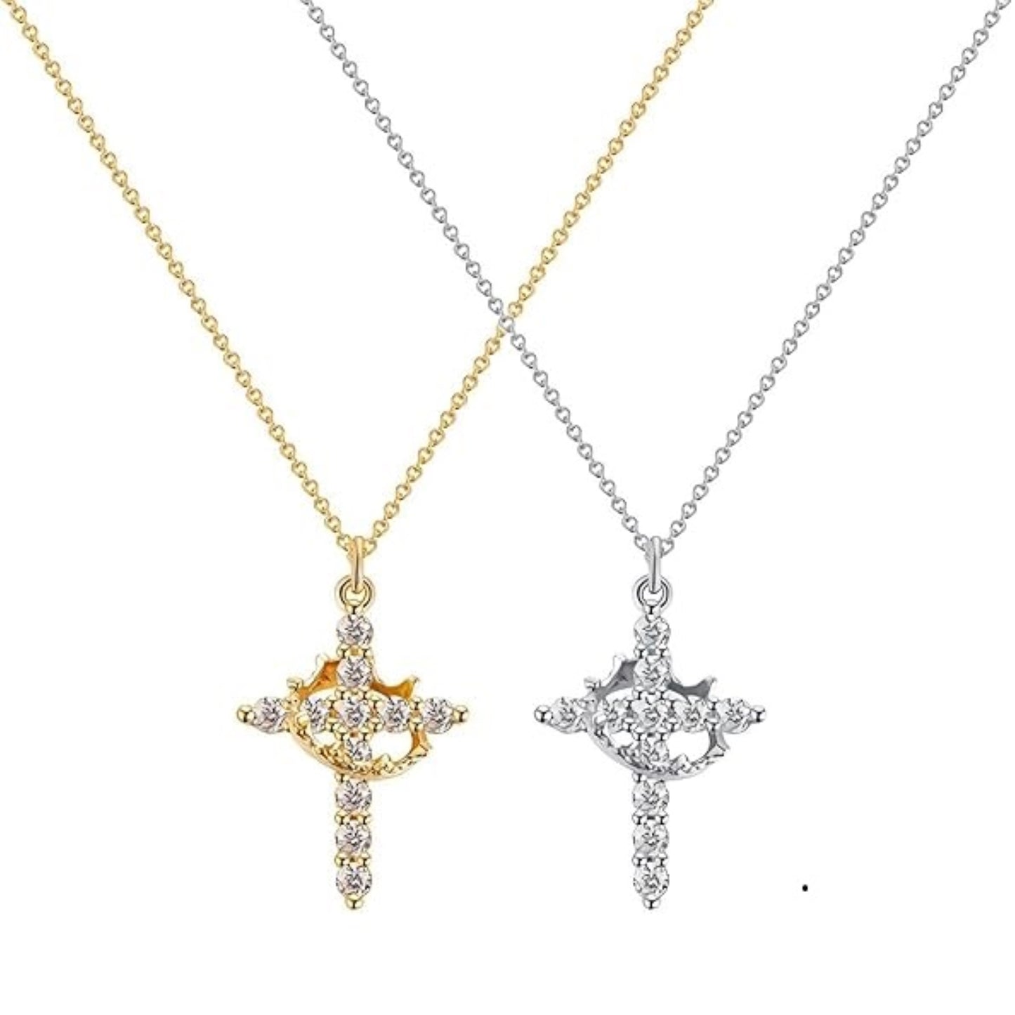 HESHPAWS 2PCS S925 sterling silver cross rotating crown necklace, women's zircon cross necklace exquisite pendant necklace