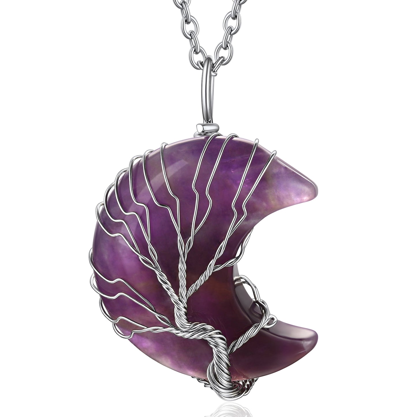 Tree of Life Necklace Wire Wrapped Crescent Moon Stone Pendant Necklaces 7 Chakra Healing Crystal Necklace Natural Resin Reiki Spiritual Quartz Gemstone Jewelry for Women Men gift