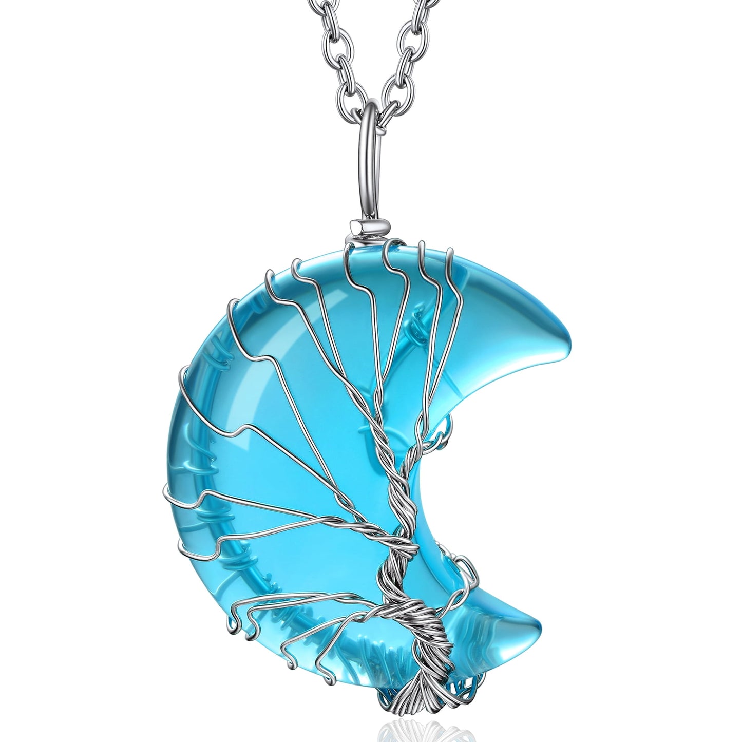 Tree of Life Necklace Wire Wrapped Crescent Moon Stone Pendant Necklaces 7 Chakra Healing Crystal Necklace Natural Resin Reiki Spiritual Quartz Gemstone Jewelry for Women Men gift