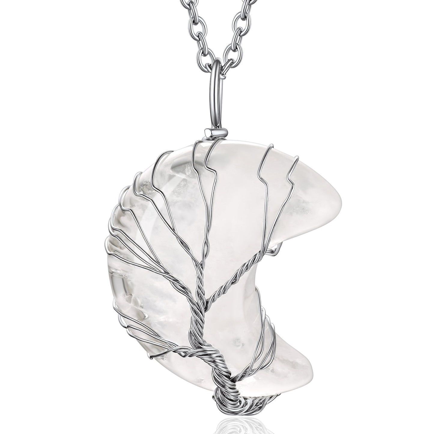 Tree of Life Necklace Wire Wrapped Crescent Moon Stone Pendant Necklaces 7 Chakra Healing Crystal Necklace Natural Resin Reiki Spiritual Quartz Gemstone Jewelry for Women Men gift