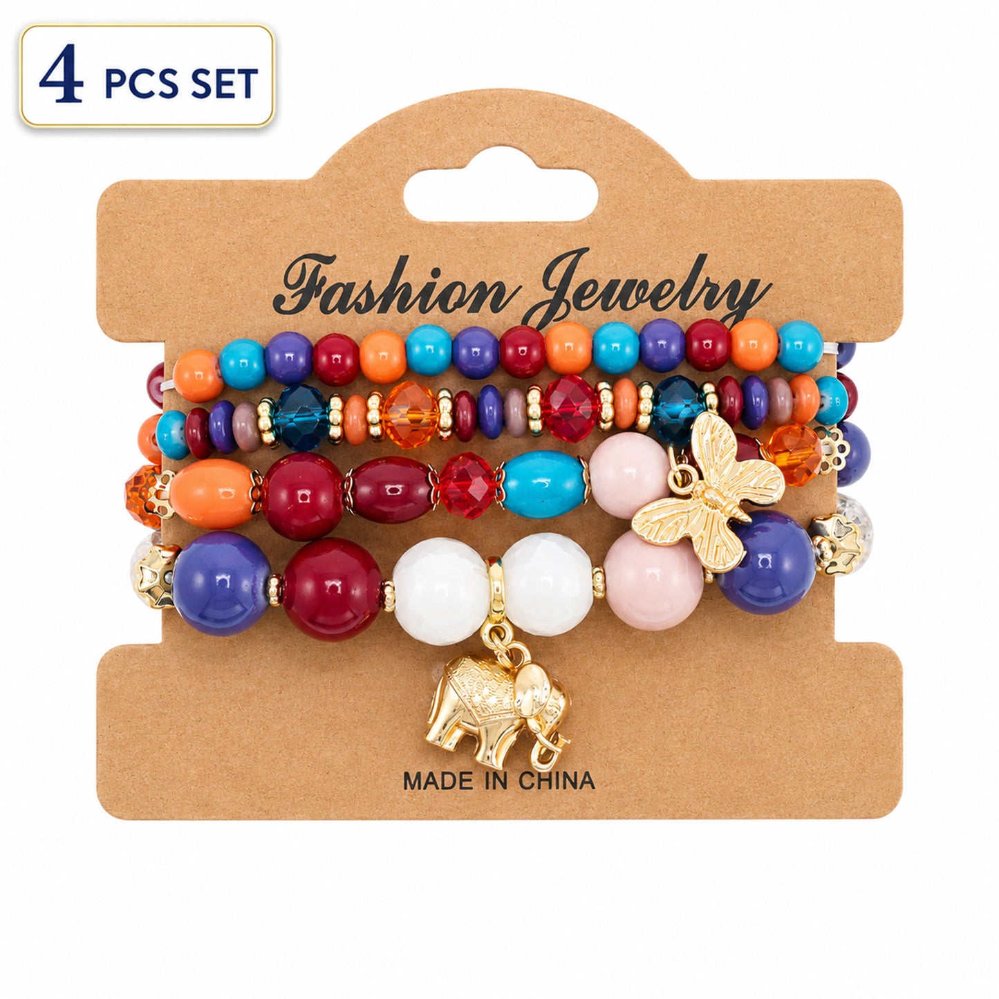 Heshpaws 4 PCS Bohemian Stretch Anchor Bracelets Elephant Butterfly Retro Bracelets，Jewelry Gift for Women
