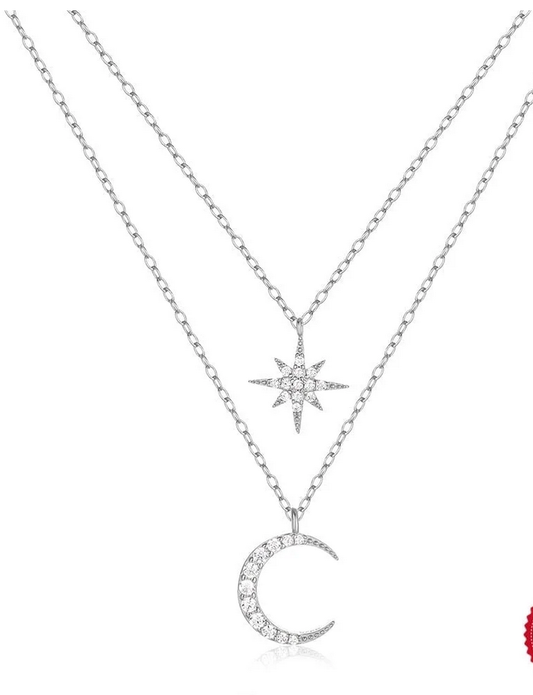 HESHPAWS 925 Sterling Silver Double Layered Necklace of Stars and Moon, for Women Jewelry Gifts with Gift Box