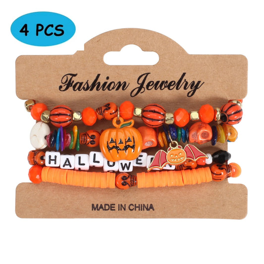 HESHPAWS 4 PCS Halloween Bracelets Pumpkin Spider Ghost Bracelet Multi Layer Bat Multi Crystal Bracelet Halloween Gifts