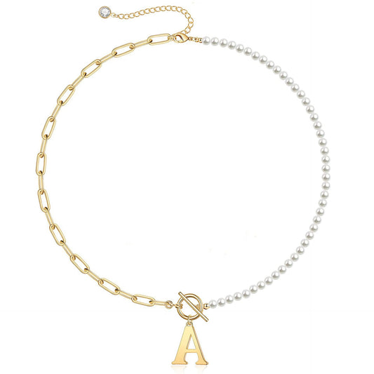 HESHPAWS Gold Initial Pearl Necklace for Women, 14K Gold Plated Paperclip Link Chain Necklace Initial Pendant Necklaces A-Z English alphabet necklace Jewelry gifts
