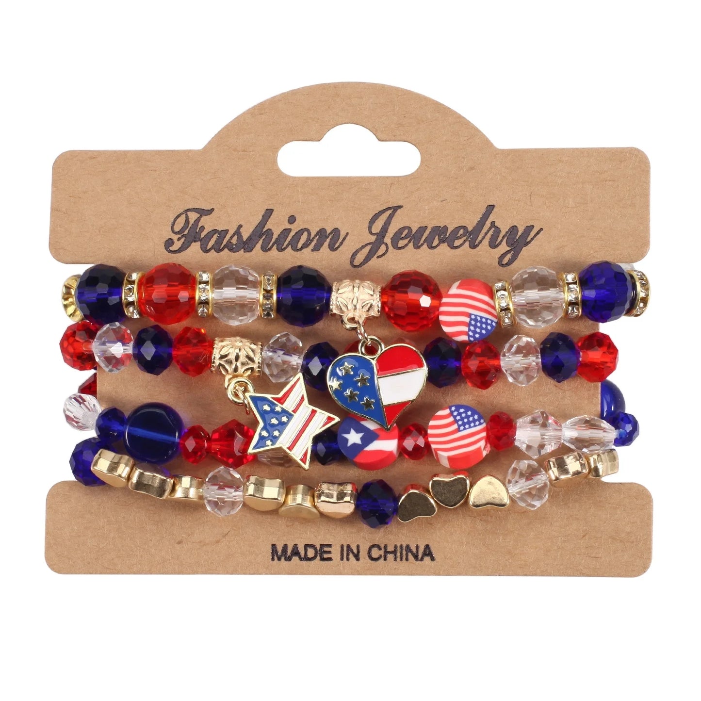 USA American Flag 4PCS Bracelet Set For Women Mens Red Blue White Beads Stretch Bracelet Set Patriotic 4th Of July Independence Day Gift