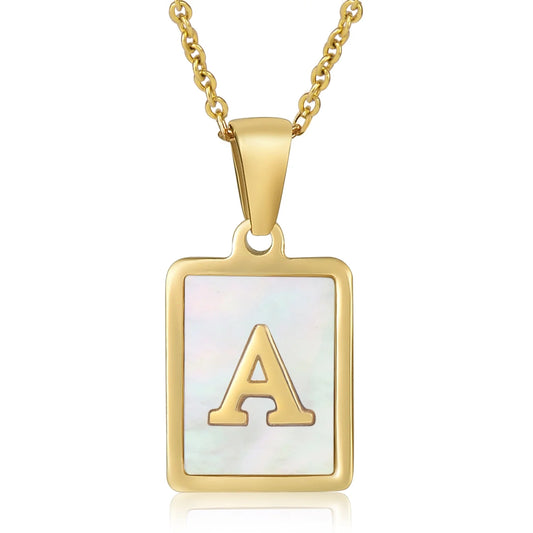 HESHPAWS Shell Initial Necklace for Women A-Z Letter Pendant Necklace Womens Capital Letter Yellow Gold Plated Stainless Steel Cable Chain 18 in