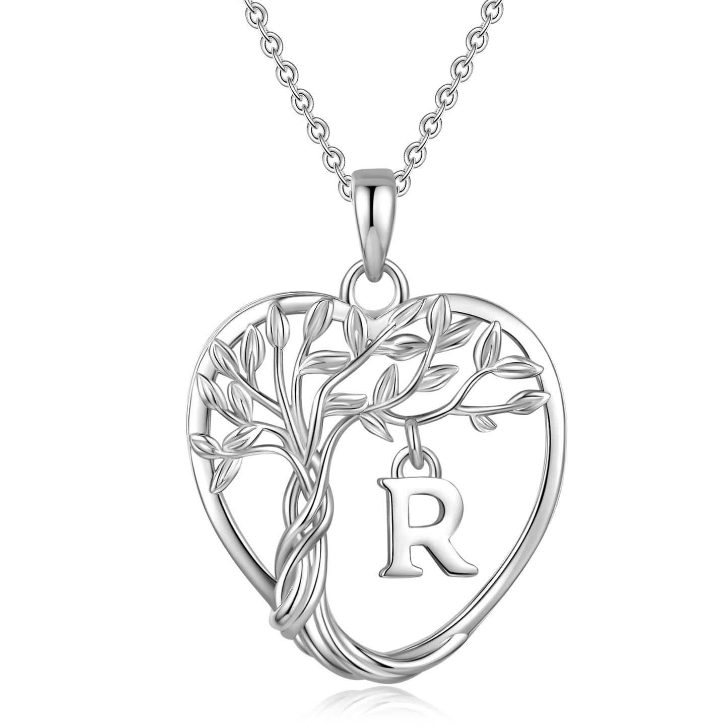 Heshpaws Heart Pendant Necklace Custom Initial Letter Tree Shaped Charm Pendant Jewelry for Women, Gift for Mom Daughter Wife