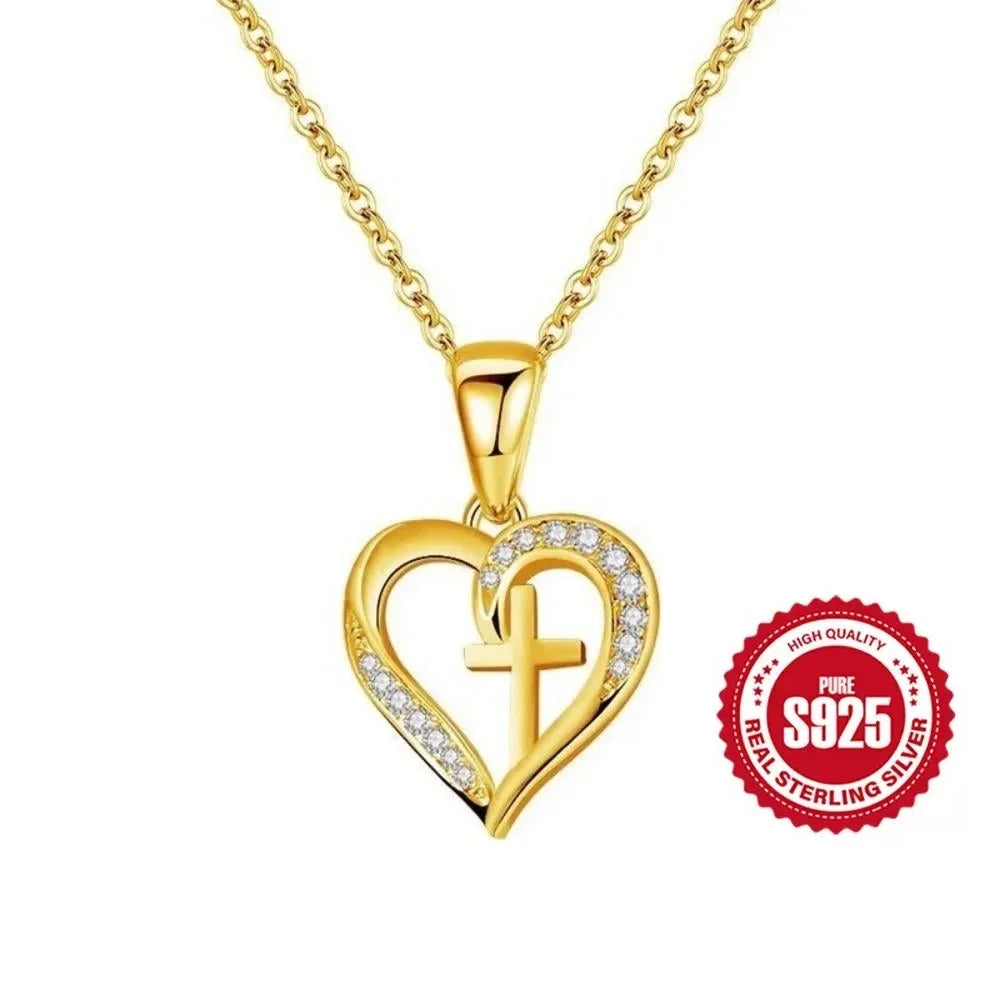 HESHPAWS S925 Sterling Silver Cross Necklace Heart Necklaces for Women Cross Chain Jewelry Gifts （with Gift Box)