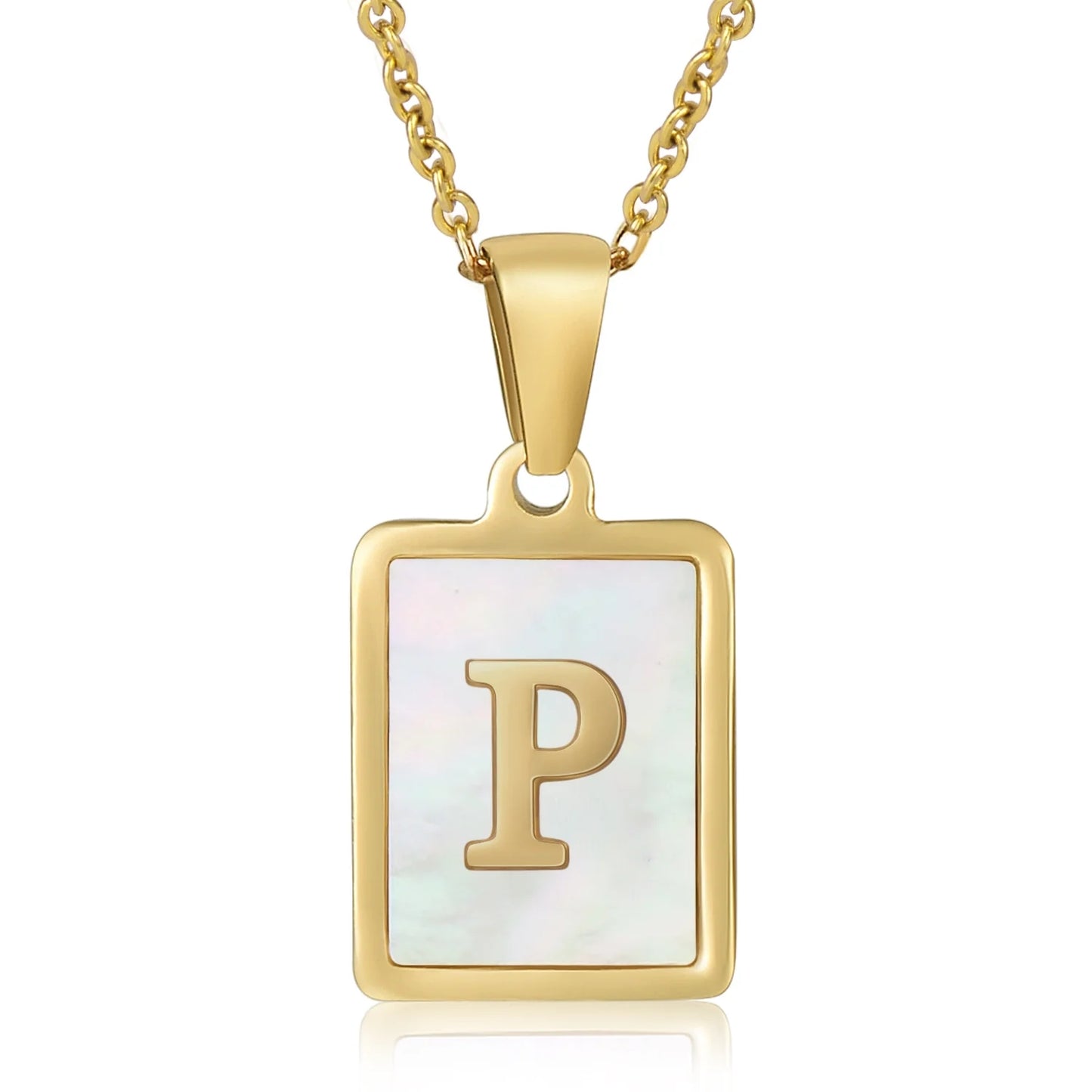 HESHPAWS Shell Initial Necklace for Women A-Z Letter Pendant Necklace Womens Capital Letter Yellow Gold Plated Stainless Steel Cable Chain 18 in