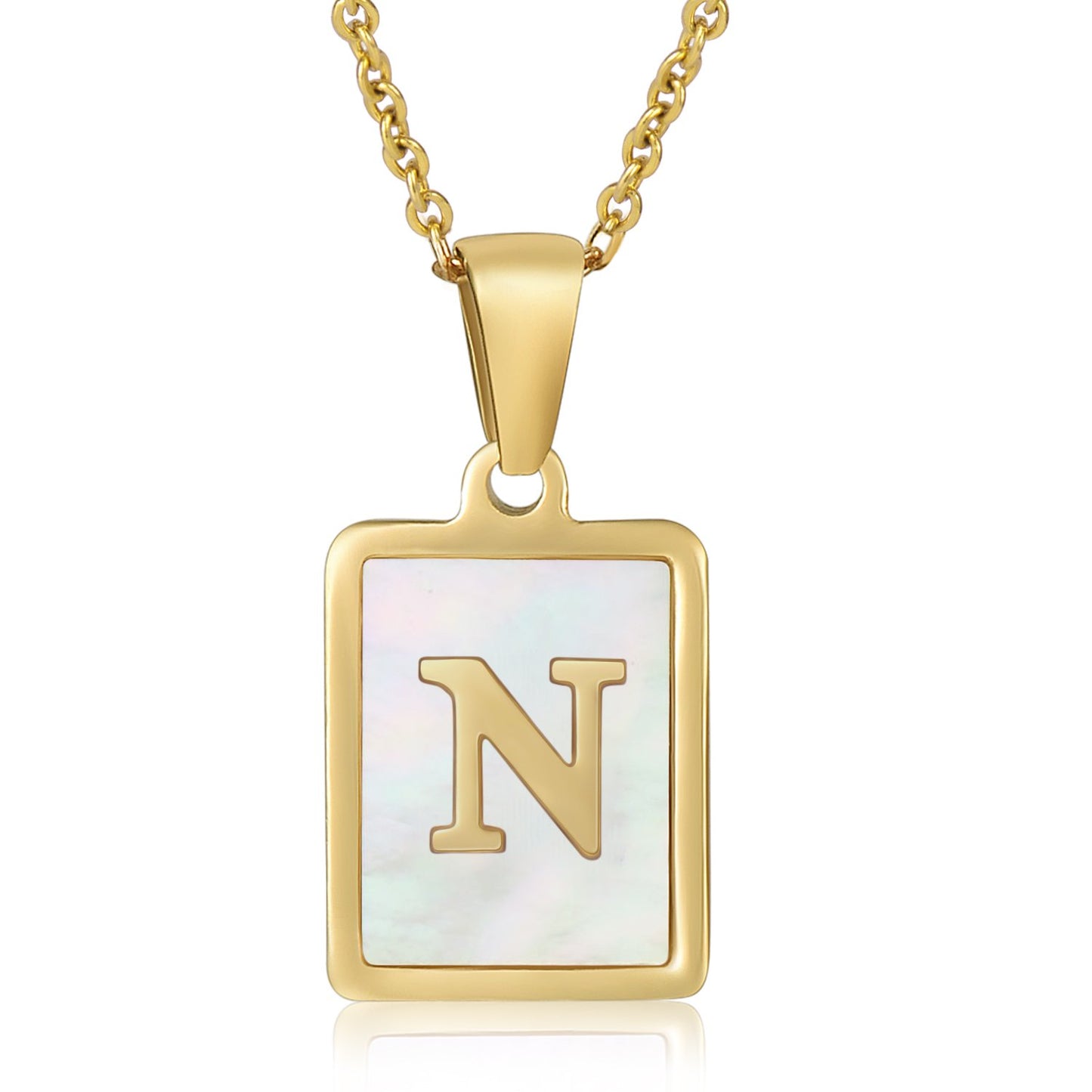 HESHPAWS Shell Initial Necklace for Women A-Z Letter Pendant Necklace Womens Capital Letter Yellow Gold Plated Stainless Steel Cable Chain 18 in