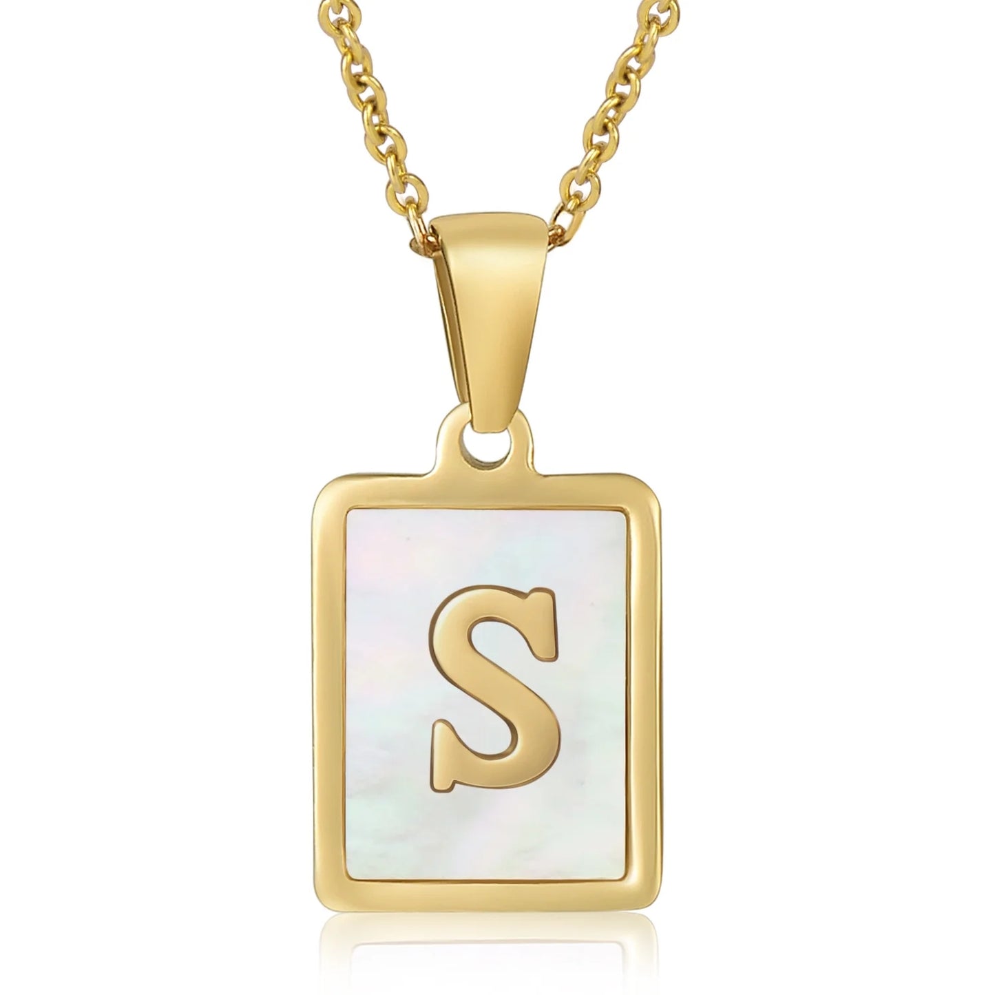 HESHPAWS Shell Initial Necklace for Women A-Z Letter Pendant Necklace Womens Capital Letter Yellow Gold Plated Stainless Steel Cable Chain 18 in