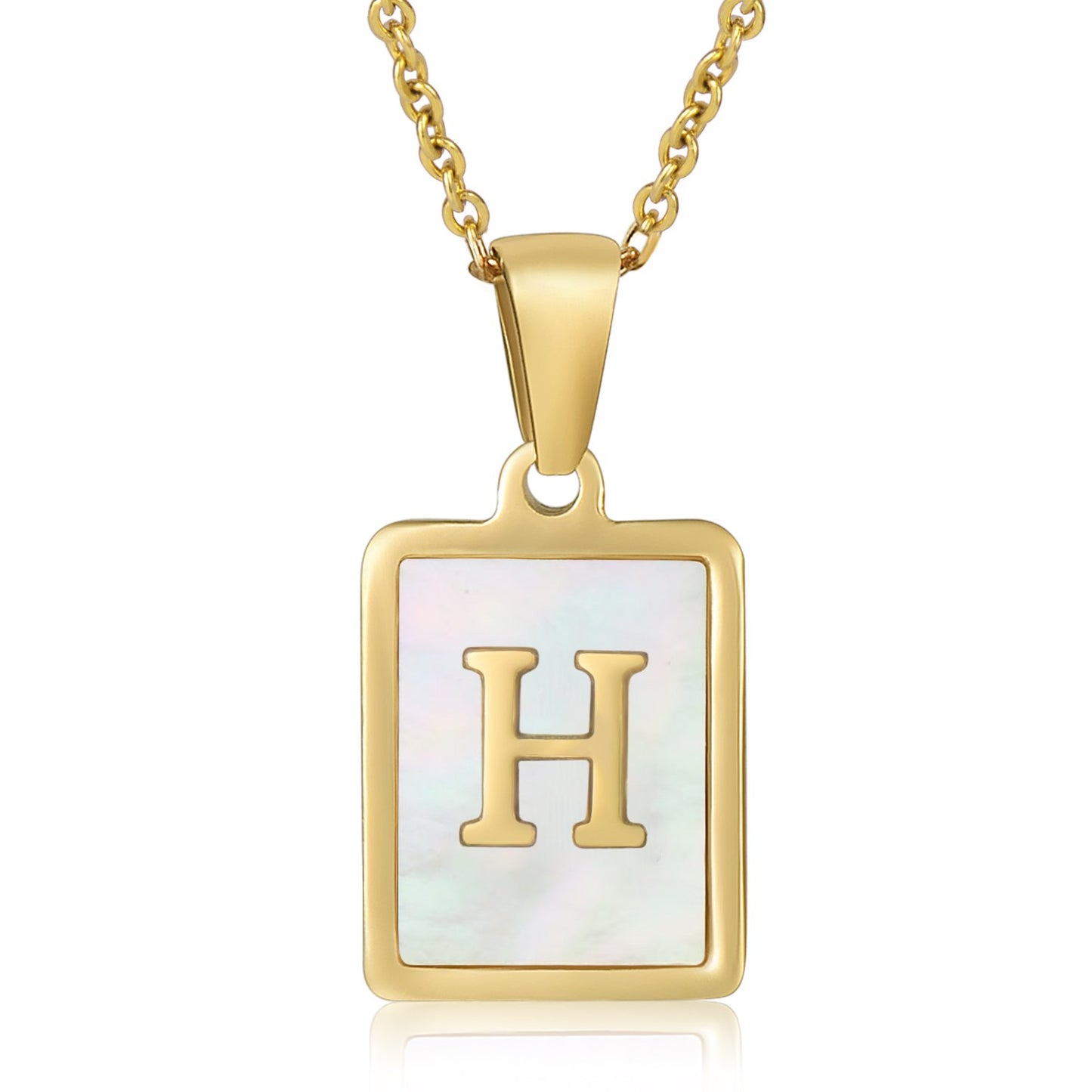 HESHPAWS Shell Initial Necklace for Women A-Z Letter Pendant Necklace Womens Capital Letter Yellow Gold Plated Stainless Steel Cable Chain 18 in