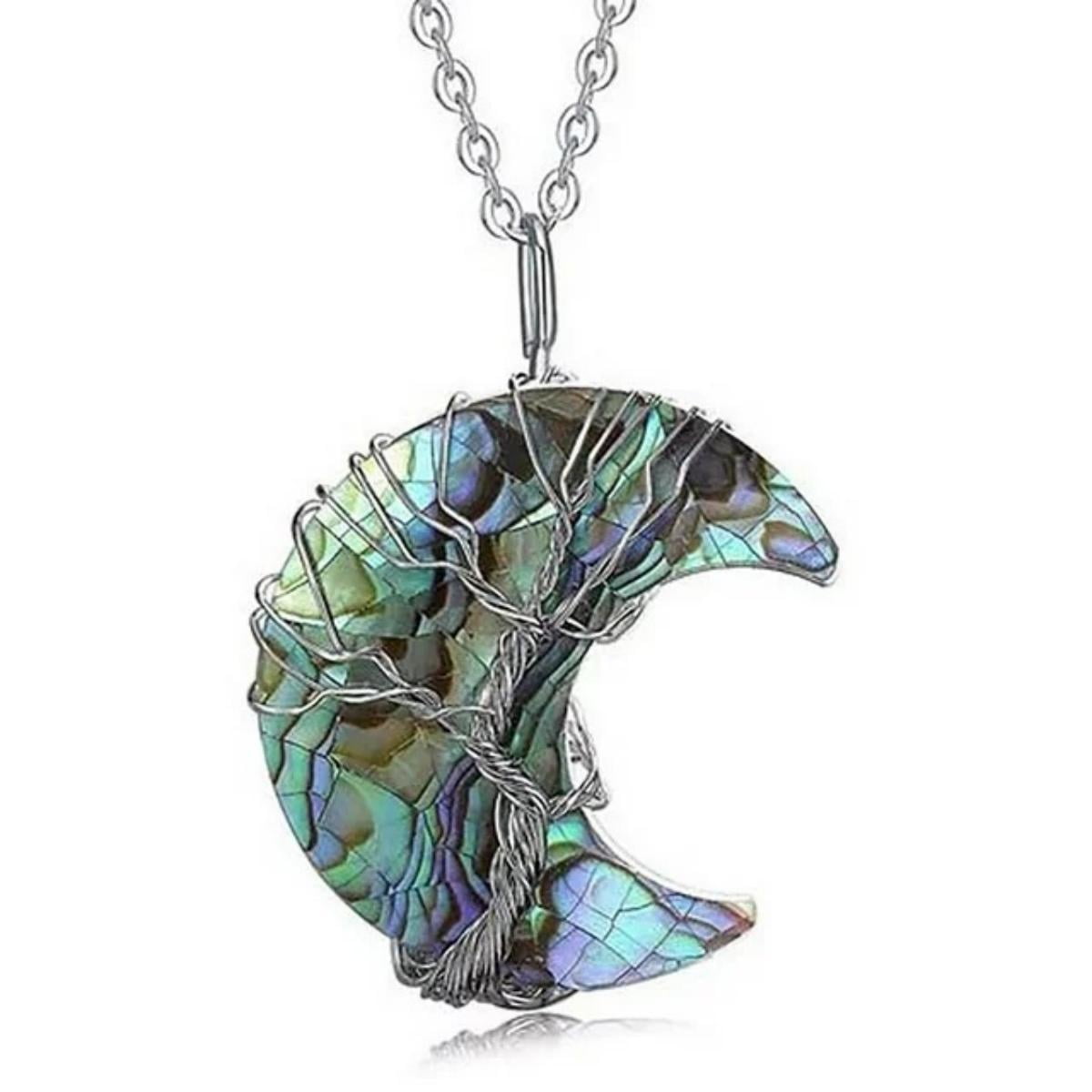 Tree of Life Necklace Wire Wrapped Crescent Moon Stone Pendant Necklaces 7 Chakra Healing Crystal Necklace Natural Resin Reiki Spiritual Quartz Gemstone Jewelry for Women Men gift