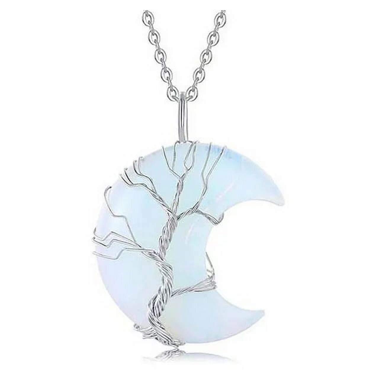 Tree of Life Necklace Wire Wrapped Crescent Moon Stone Pendant Necklaces 7 Chakra Healing Crystal Necklace Natural Resin Reiki Spiritual Quartz Gemstone Jewelry for Women Men gift