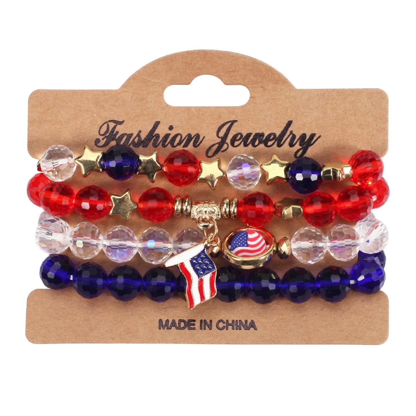 USA American Flag 4PCS Bracelet Set For Women Mens Red Blue White Beads Stretch Bracelet Set Patriotic 4th Of July Independence Day Gift